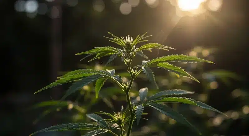 Northern Lights x Chronic iluminada por luz natural al atardecer, resaltando su estructura equilibrada y su desarrollo saludable en cultivo exterior.