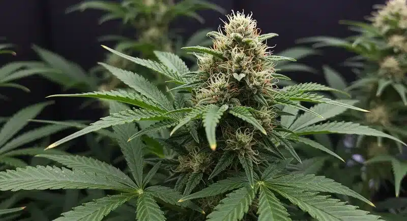 Planta Kali Mist en floración con cogollos densos y resinosos.
