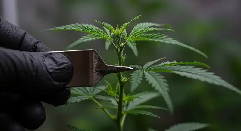 Cultivador realizando poda en una planta Koji con pinzas de precisión. Técnica avanzada que mejora la aireación, la luz y el rendimiento de los cogollos.