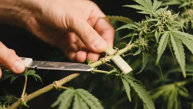 Técnica de poda y clonación en una planta Kush Mints Regular. Este proceso mejora la estructura, la aireación y favorece un crecimiento uniforme y productivo.