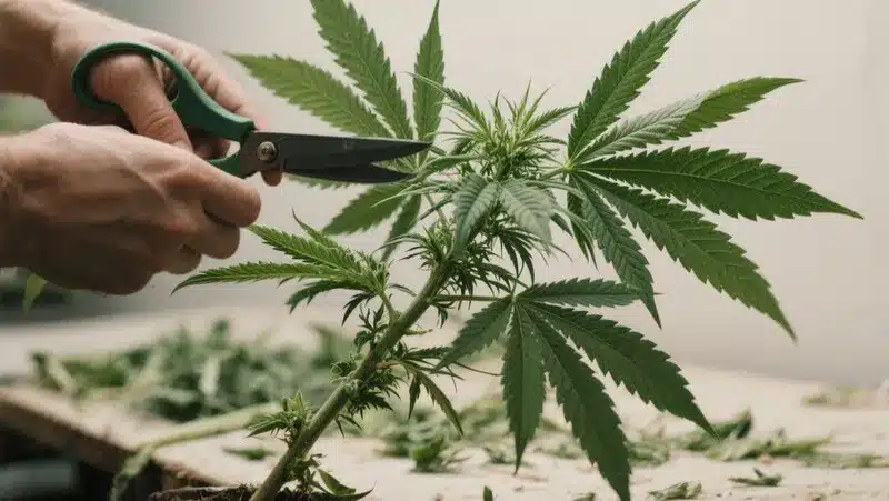 Poda de una planta Master Kush Regular para mejorar la aireación, estimular la floración y obtener cogollos más densos y aromáticos.