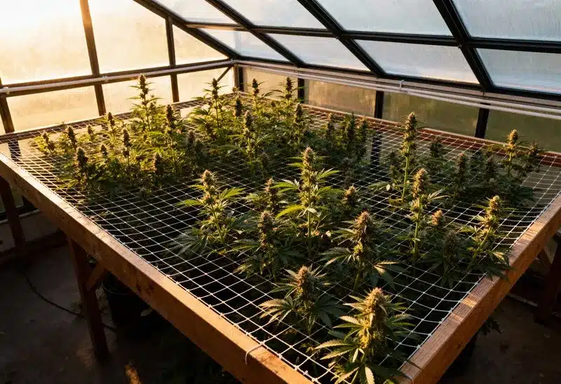 Compra semillas fotoperiódicas perfectas para cultivo SCROG en invernadero. Logra una floración uniforme y cogollos densos con luz natural.