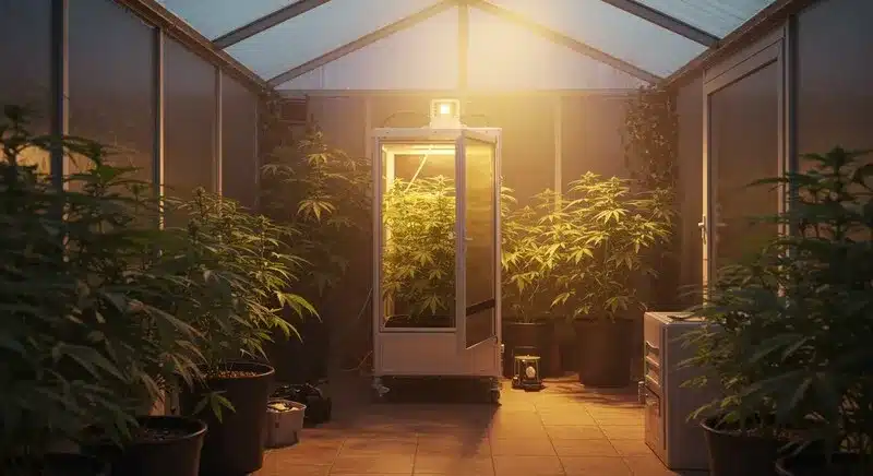 Comparación Annaboto vs Grobo según la imagen: caja de cultivo automatizada frente a plantas en invernadero. Iluminación y estructura real del entorno.