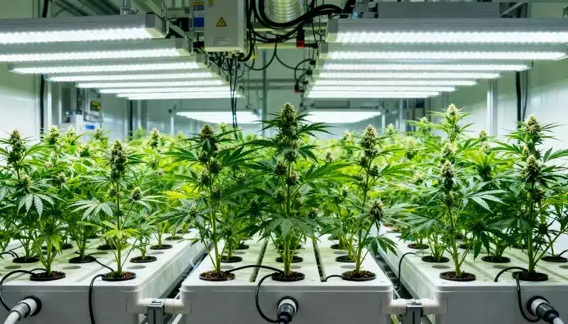 Ideas para cultivo de cannabis interior con bandejas y luz LED.
