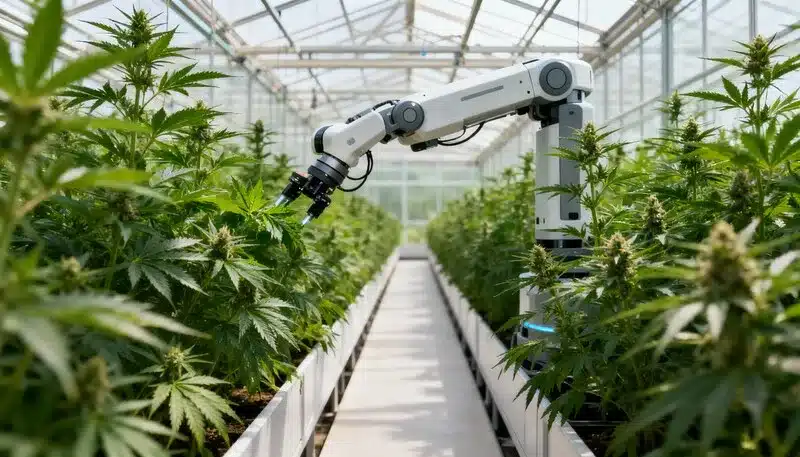 Brazo robótico inspeccionando plantas en un invernadero moderno, cómo los sistemas de cultivo inteligentes en el cannabis automatizan tareas y mejoran precisión y rendimiento.