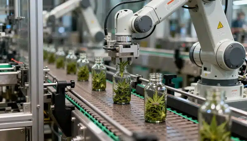 Sistema robótico que envasa flores de cannabis en frascos, ejemplo claro de innovación en la industria del cannabis gracias a procesos automatizados y precisos.