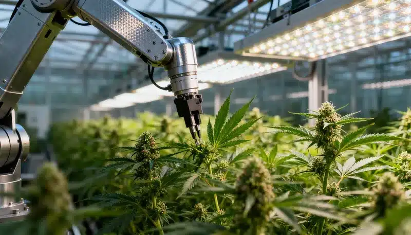 Brazo robótico analizando plantas bajo LED dentro de sistemas de cultivo de cannabis con IA, mejorando automatización y calidad de las flores.