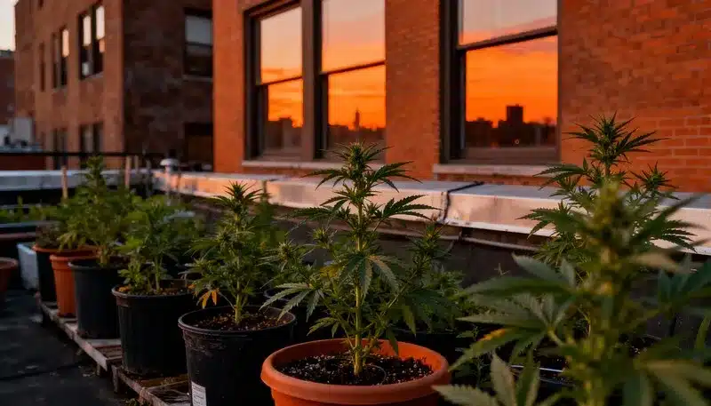 Cannabis creciendo en macetas en una azotea urbana. Las mejores y peores zonas de EE. UU. para cultivar cannabis al aire libre según clima y entorno.