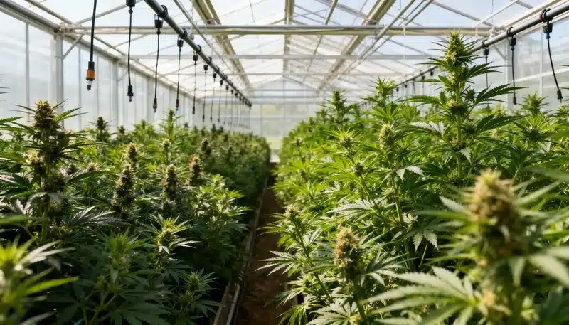Filas de plantas en un invernadero con riego eficiente, mostrando un entorno ideal para producir cannabis ecológico con manejo natural y controlado.