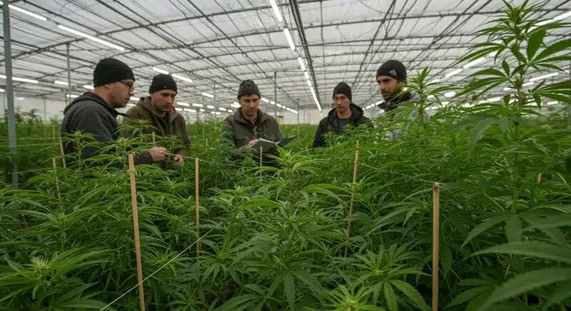 Equipo de cultivadores evaluando plantas en un invernadero, mostrando prácticas de cultivo orgánico en el cannabis basadas en supervisión y manejo natural.