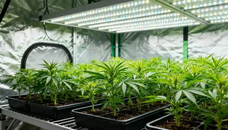 Cultivar cannabis fácilmente en interior utilizando bandejas, macetas y luces LED que optimizan el crecimiento y mantienen un entorno estable.