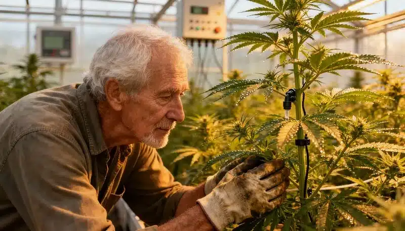 Cultivador ajustando un gotero en una planta de cannabis dentro de un invernadero, tecnología para el cultivo de cannabis en casa con riego preciso.