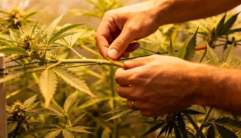 Cultivo de Orange Sherbet en interior con técnica LST, doblando ramas para mejorar la entrada de luz y aumentar el rendimiento de cogollos.