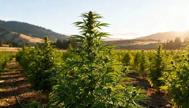 Cultivo de Oregon Peach en exterior con plantas de cannabis alineadas al atardecer.