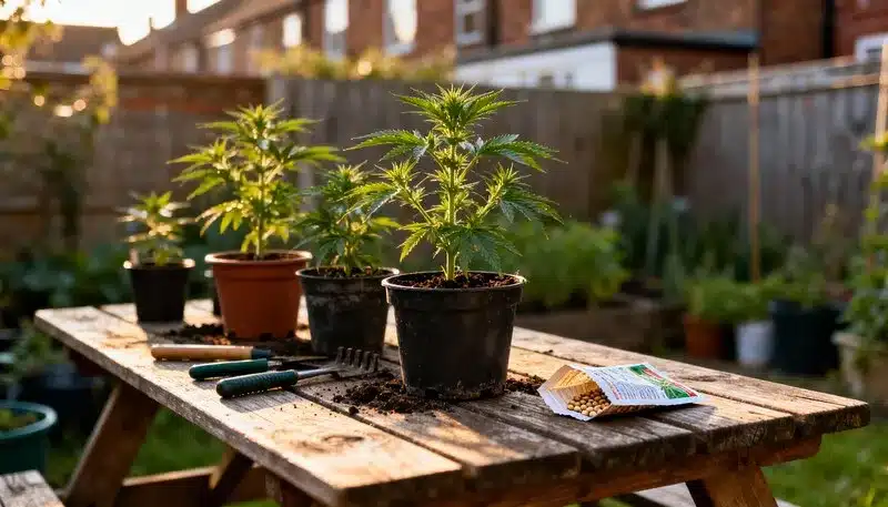 Plantas jóvenes de cannabis en el Reino Unido colocadas en macetas sobre una mesa de jardín, rodeadas de herramientas y luz natural.