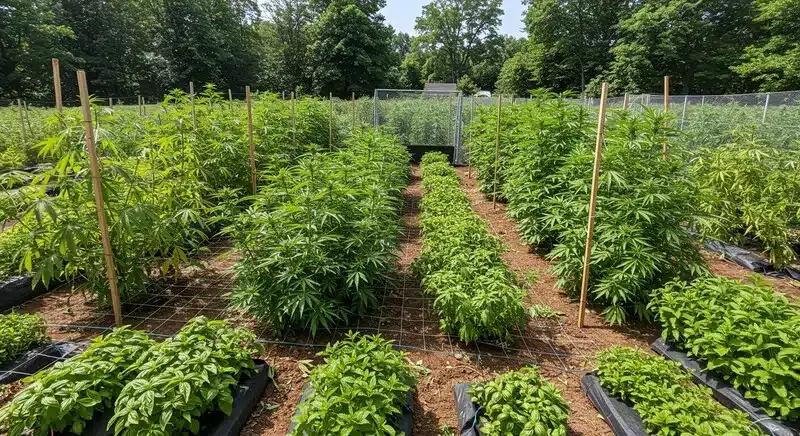 Plantas Papas Candy Regular creciendo en un huerto exterior con tutores de madera, mallas de soporte y cultivos asociados como albahaca, potenciando la aireación, estabilidad y salud del cultivo.