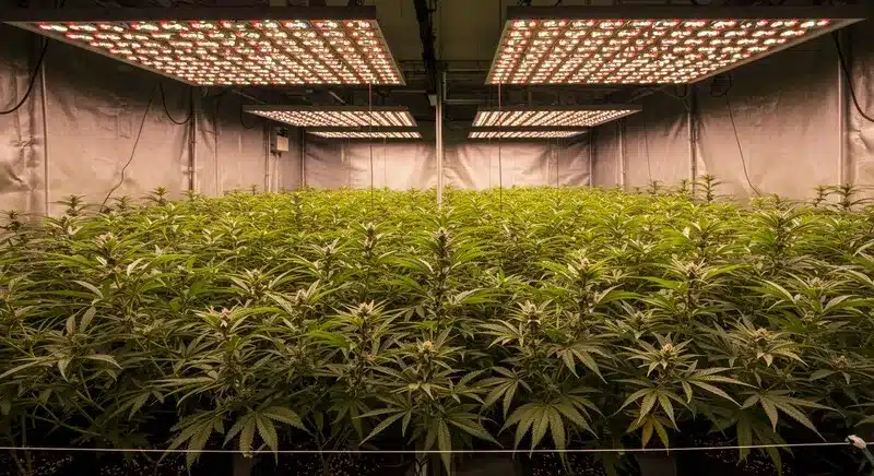 OG Kush x Diesel en cultivo interior bajo paneles LED.