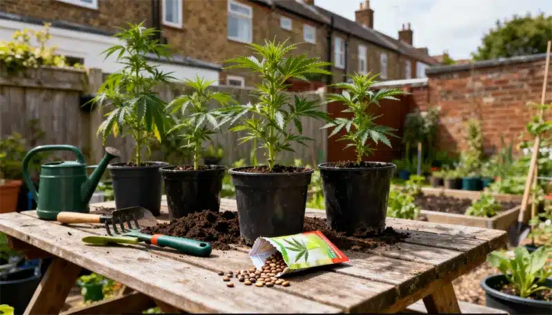 Plantas jóvenes de cannabis en macetas junto a semillas y herramientas de jardinería, representando el inicio del cultivo de variedades ricas en pineno y limoneno en un entorno doméstico al aire libre.
