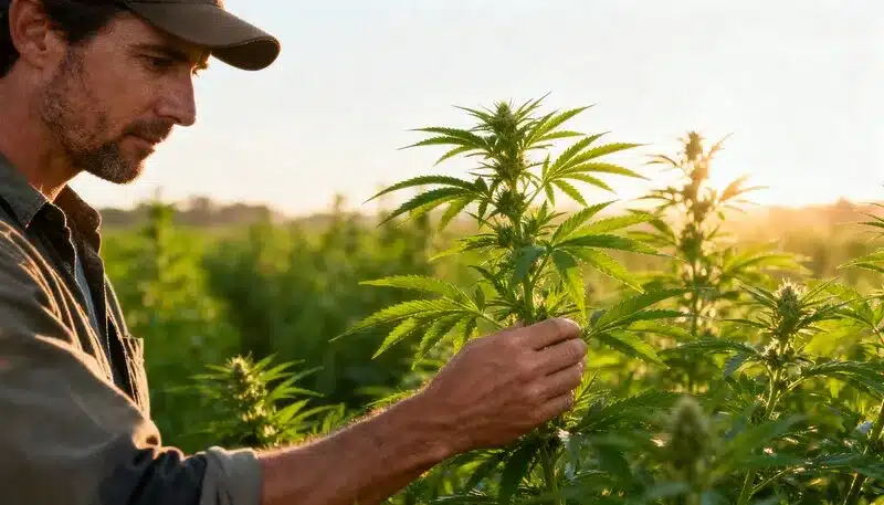 Hombre revisando una planta de cannabis en un cultivo exterior al atardecer, mostrando prácticas reales de cultivo sostenible en el cannabis.