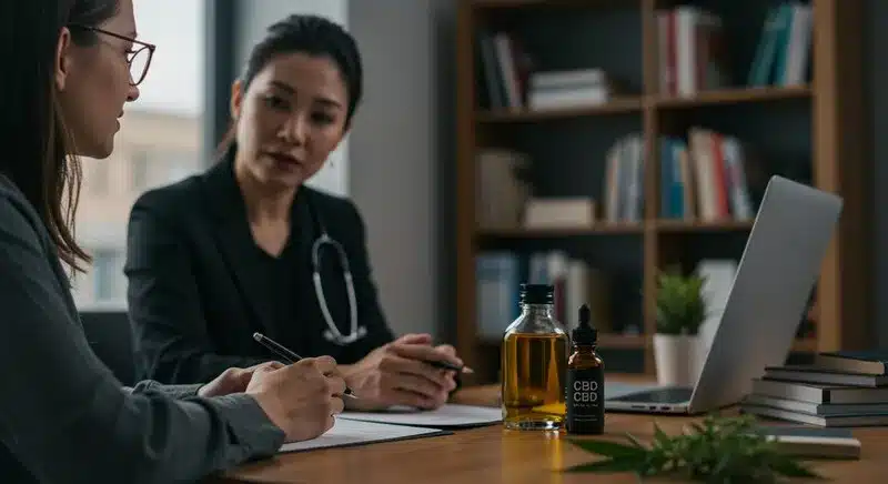 Doctora asesorando a una paciente junto a aceites de cannabis, mostrando Cómo usar el cannabis para la salud mental de cannabis en casa con guía profesional.