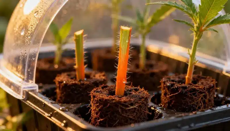 Esquejes de Orange Velvet x Cinderella 99 enraizando bajo domo húmedo, con cortes frescos y ambiente controlado para un desarrollo rápido y saludable.