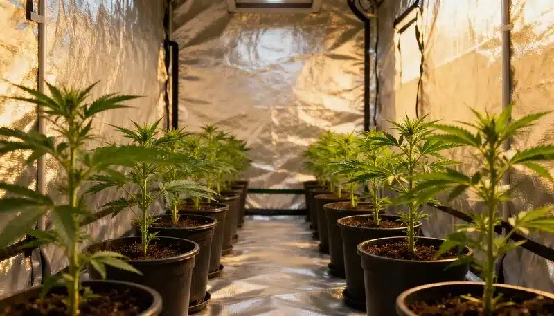 Carpa de cultivo diseñada para cannabis, con iluminación homogénea y espacio organizado que garantiza un crecimiento equilibrado de todas las plantas.