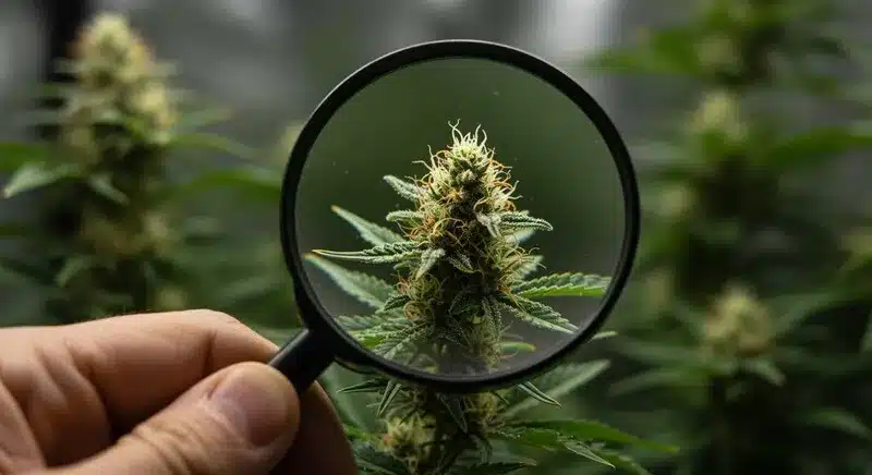 Cogollo Oregon Underdawg visto a través de una lupa, destacando la estructura floral, pistilos y tricomas para evaluar su punto óptimo de cosecha.