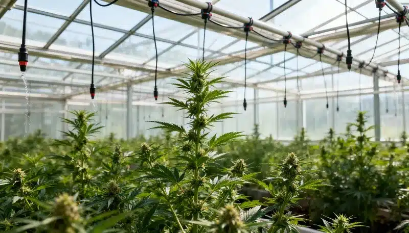 Invernadero con cannabis y riego por goteo suspendido, cómo la luz natural y sistemas eficientes apoyan la optimización energética en el cannabis.