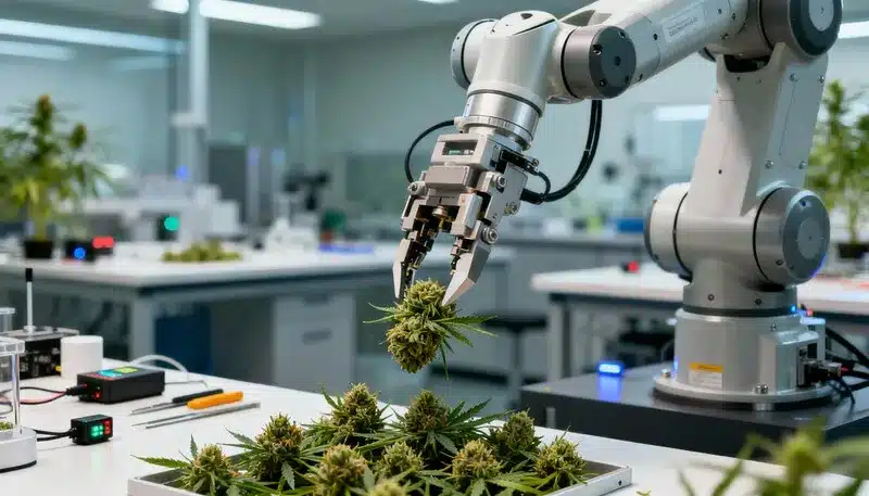 Laboratorio con brazo robótico que manipula cogollos, un sistema de cultivo automatizado de cannabis centrado en precisión, eficiencia y control tecnológico.