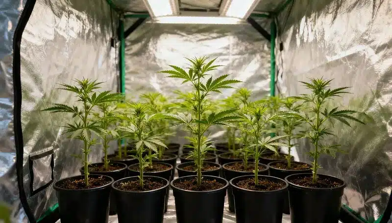 Jóvenes plantas creciendo en macetas bajo luz LED, ideal para un sistema de cultivo de cannabis para principiantes simple, controlado y fácil de mantener.