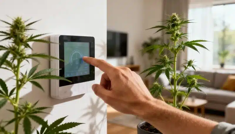 Caja de cultivo inteligente para cannabis con panel de control digital, perfecta para automatizar luz, clima y riego y optimizar plantas en interiores.