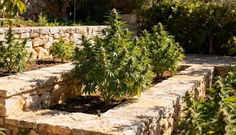Northern Lights x Do-Si-Dos cultivada en exterior sobre terrazas de piedra, plantas robustas en plena floración bajo luz solar natural.