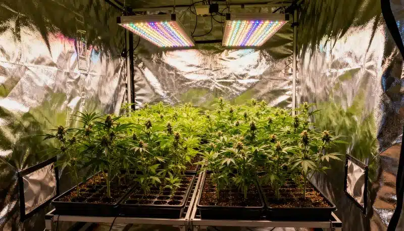 OG Kush CBD (1:15) en crecimiento interior bajo LED.