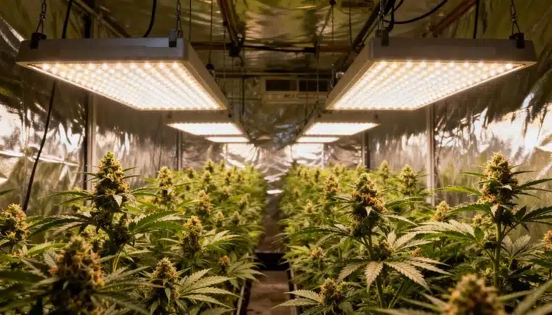 Cultivo interior de OG Kush x Amnesia con plantas en plena floración bajo potentes paneles LED, cogollos densos y un crecimiento uniforme.