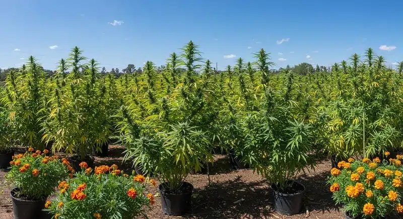 Plantas de OG Kush x Diesel en exterior, cultivadas en macetas grandes y rodeadas de flores, crecimiento bajo pleno sol.