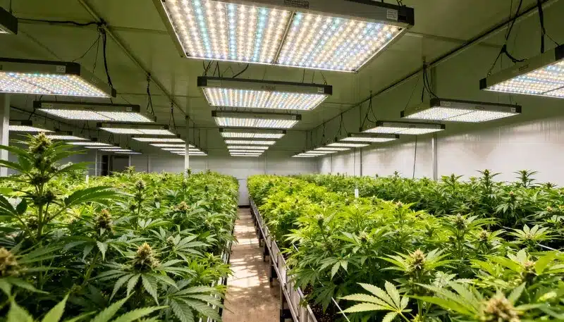 Plantas de OG Kush x Mazar en cultivo interior intensivo, iluminadas con paneles LED de espectro completo para favorecer un crecimiento uniforme.