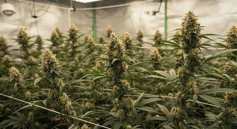 Variedad Orange Kush en cultivo indoor, mostrando plantas y colas principales densas bajo iluminación LED profesional.