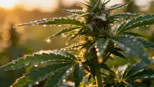 Orange Kush:Planta en exterior con cogollos resinosos al amanecer.