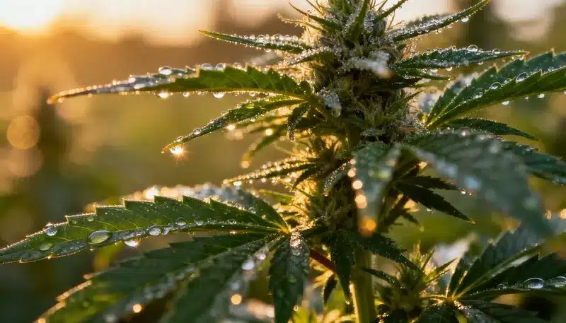 Orange Kush:Planta en exterior con cogollos resinosos al amanecer.