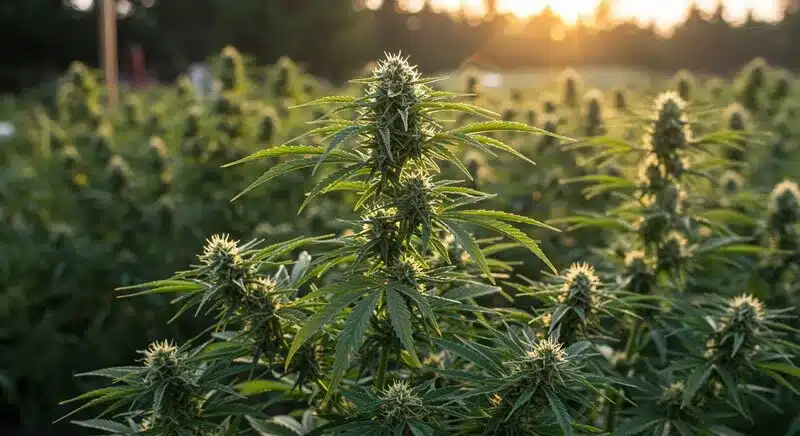 Plantas Oregon Underdawg en un cultivo exterior, con cogollos densos y resinosos iluminados por la luz del atardecer, mostrando un crecimiento en campo abierto.