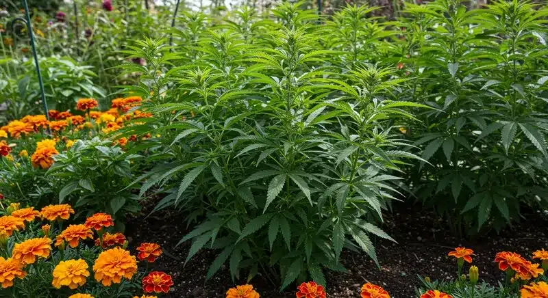 Plantas de Orient Auto desarrollándose en un jardín exterior junto a flores ornamentales, aprovechando la biodiversidad para mejorar la salud del cultivo y el control natural de plagas.