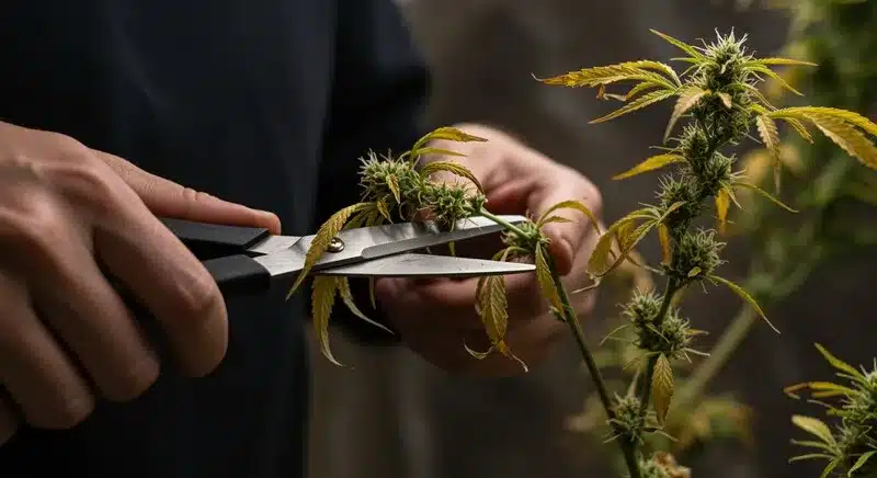 Un cultivador recortando un cogollo Original Cheese con tijeras de precisión, retirando hojas amarillentas para mejorar el secado y preservar la calidad aromática de la variedad.