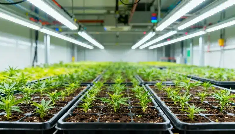 Bandejas con plántulas de cannabis creciendo bajo luces LED en una sala de cultivo interior, un entorno ideal para aplicar sistemas hidropónicos inteligentes para marihuana con control preciso.