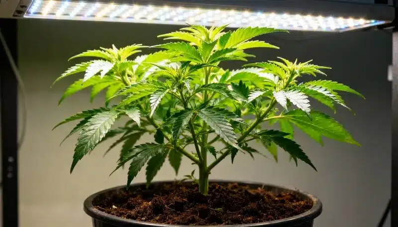 Planta Papaya en fase vegetativa bajo iluminación LED.