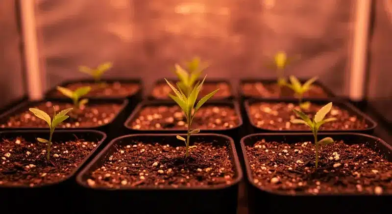 Plántulas de Pineapple Autoflower creciendo en macetas individuales bajo luz cálida, desarrollando sus primeras hojas en un entorno controlado