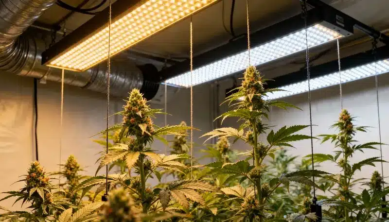 Pineapple Haze en cultivo interior bajo luces LED de espectro mixto.