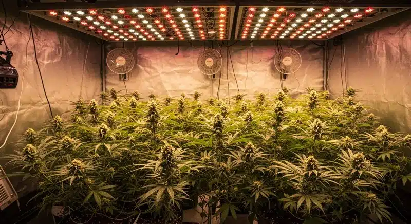 Pineapple Skunk Regular desarrollándose en un cultivo interior con paneles LED de espectro mixto, exhibiendo flores bien formadas y un entorno controlado que maximiza producción y calidad.