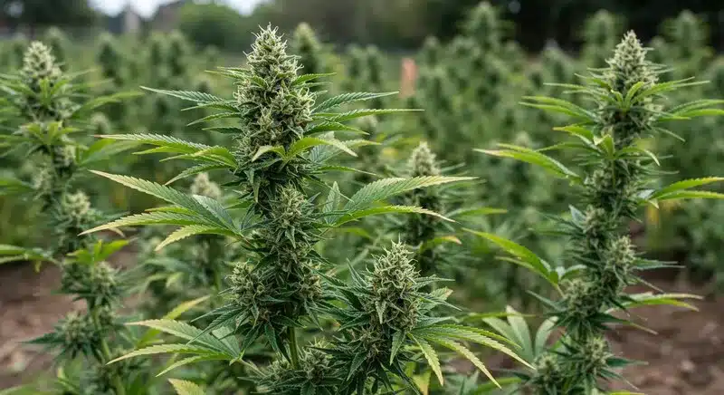 Pineapple Skunk Regular en floración avanzada en cultivo exterior.