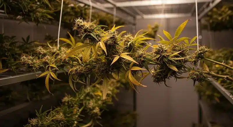 Ramas de Pink Gorilla colgadas en una sala de secado, mostrando cogollos densos con pistilos maduros y hojas amarillentas propias del final de floración, listos para curación.