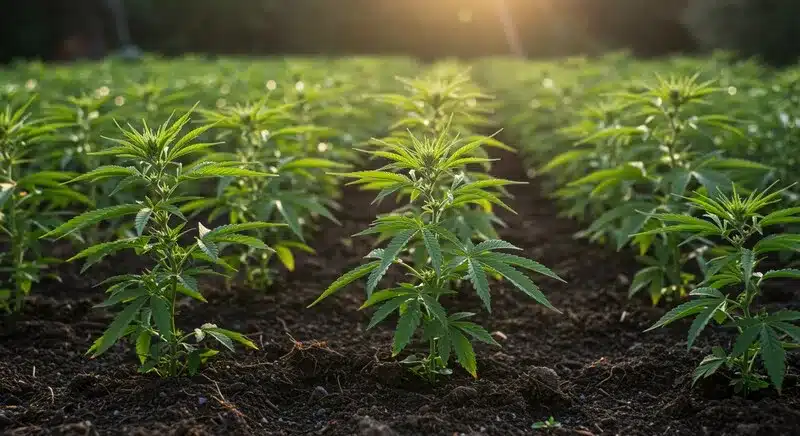 Plantas jóvenes de Pink Rozay x Strawberry Banana Auto creciendo en hileras en un cultivo exterior y desarrollo uniforme bajo luz natural al amanecer.